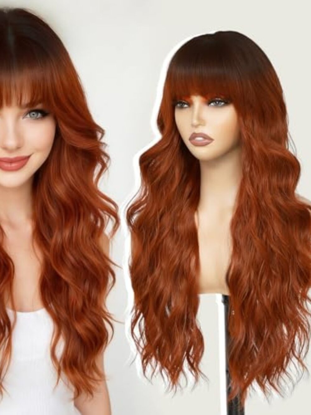 Ginger Orange Wig with Bangs, 26 Inch Wavy Curly Hair | Soft protein fiber \